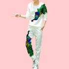 Set: Peacock Embroidered Sequined Pullover + Jogger Pants