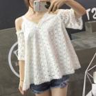 Lace Cold Shoulder Elbow-sleeve Top