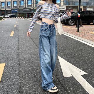High-waist Washed Cutout Wide Leg Jeans