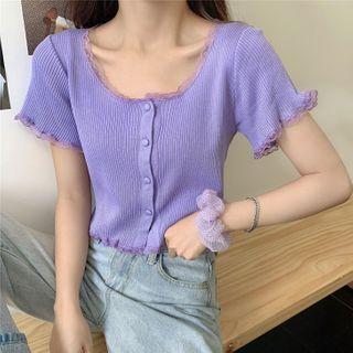 Short-sleeve Lace Trim Buttoned Knit Top