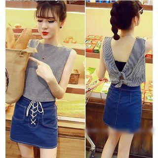 Set: Open Back Plaid Tank Top + Lace Up Front Denim Skirt