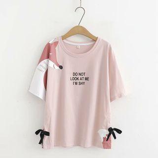 Fox Print Elbow-sleeve T-shirt