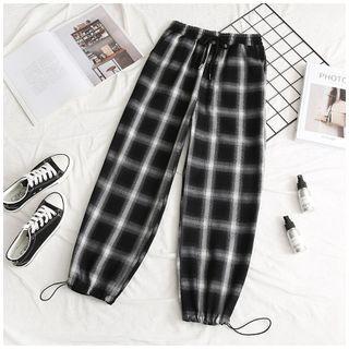 High Waist Plaid Drawstring-cuff Pants