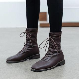 Square-toe Faux Leather Lace-up Short Boots