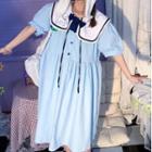 Sailor Collar Applique Short-sleeve Dress Blue - One Size