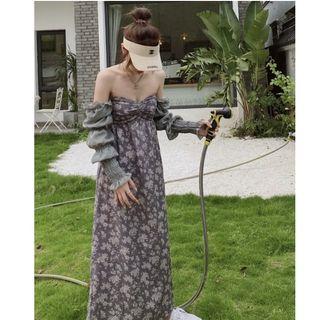 Long-sleeve Off-shoulder Floral Print Maxi Dress