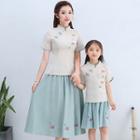 Family Matching Set: Flower Embroidered Short-sleeve Hanfu Top + A-line Skirt