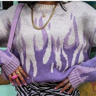 Long Sleeve Fire Print Loose-fit Sweater Purple - One Size