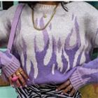 Long Sleeve Fire Print Loose-fit Sweater Purple - One Size