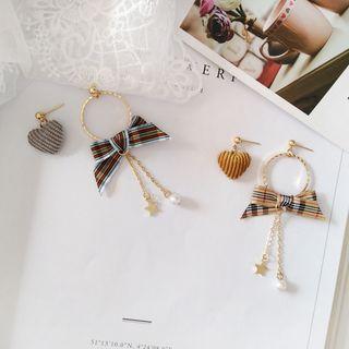 Non-matching Heart & Fabric Bow Faux Pearl Dangle Earring