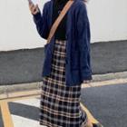 Cable Knit Cardigan / Plaid Midi Straight Fit Skirt