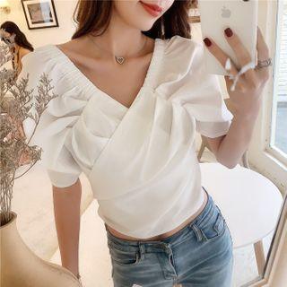 Short-sleeve V-neck Bow-back Cropped Blouse