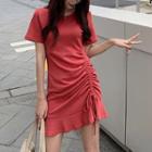 Plain Short-sleeve Drawstring Ruffle Hem T-shirt Dress