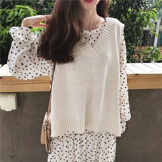 Dotted Long-sleeve Midi A-line Dress / V-neck Knit Vest