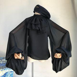 Ruffle-trim Chiffon Long Puff-sleeve Top
