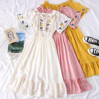 Boatneck Flower-embroidered A-line Dress