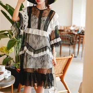 Ruffle Trim Lace 3/4-sleeve Dress