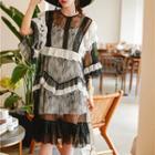 Ruffle Trim Lace 3/4-sleeve Dress