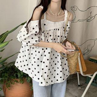 Off Shoulder Short Sleeve Dotted Top White - One Size