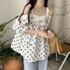Off Shoulder Short Sleeve Dotted Top White - One Size