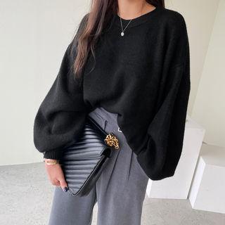 Balloon-sleeve Plain Sweater