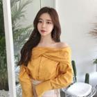Knotted Long-sleeve Off-shoulder Blouse Yellow - One Size