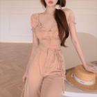 Set: Short-sleeve Cropped Blouse + Wide Leg Pants