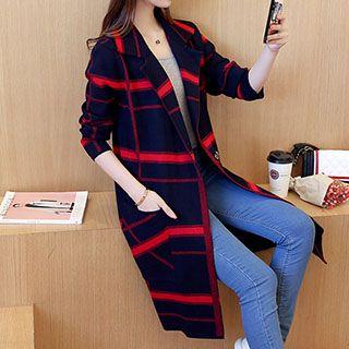 Notch Lapel Plaid Long Knit Coat