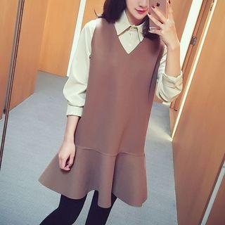 Set: Plain Long-sleeve Blouse + Sleeveless Dress