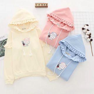 Ruffle Trim Cartoon Embroidered Hoodie