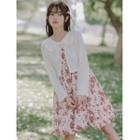 Spaghetti Strap Floral Bow A-line Dress / Tie-neck Lace Cardigan