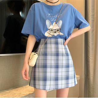 Short-sleeve Dog Print T-shirt / Plaid A-line Skirt