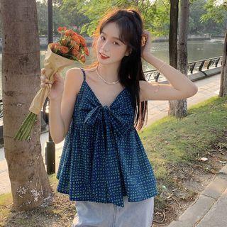 V-neck Ribbon Plaid Camisole Top Plaid - Blue & Green - One Size