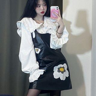 Ruffle Blouse / Faux Leather Overall Dress