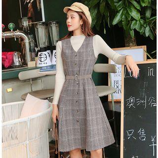 Set: Mock Neck Long-sleeve Knit Top + Plaid Pinafore Dress