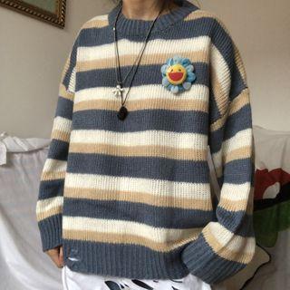 Striped Sweater / Plush Brooch