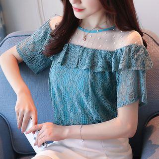 Mesh Panel Lace Short Sleeve Blouse