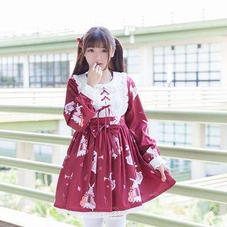 Lace Trim Rabbit Print Long-sleeve Dress