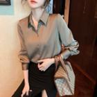 Long-sleeve Plain Shirt / Irregular Midi A-line Skirt