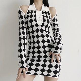 Set: Argyle Halter Neck Sheath Mini Dress + Shrug