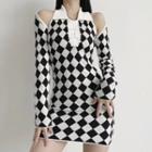 Set: Argyle Halter Neck Sheath Mini Dress + Shrug