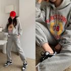 Set: Fleece-lined Letter Hoodie + Jogger Pants Gray - One Size