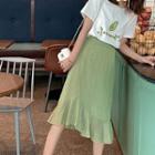 Set: Short-sleeve Print T-shirt + Midi Skirt