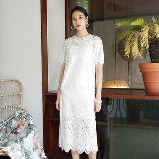 Set: Round-neck Eyelet Top + Band-waist Midi Skirt