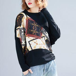 Long-sleeve Printed Paneled T-shirt As Shown In Figure - One Size