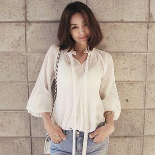 V-neck Sheer Pleated Blouse