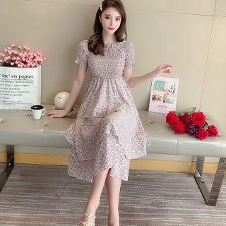 Short-sleeve Floral Print Midi A-line Tiered Dress