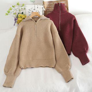 Puff-sleeve Turtleneck Half-zip Sweater