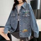 Letter Embroidered Button Denim Jacket Blue - One Size