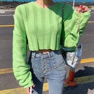 Ribbed Cropped Sweater Neon Green - One Size